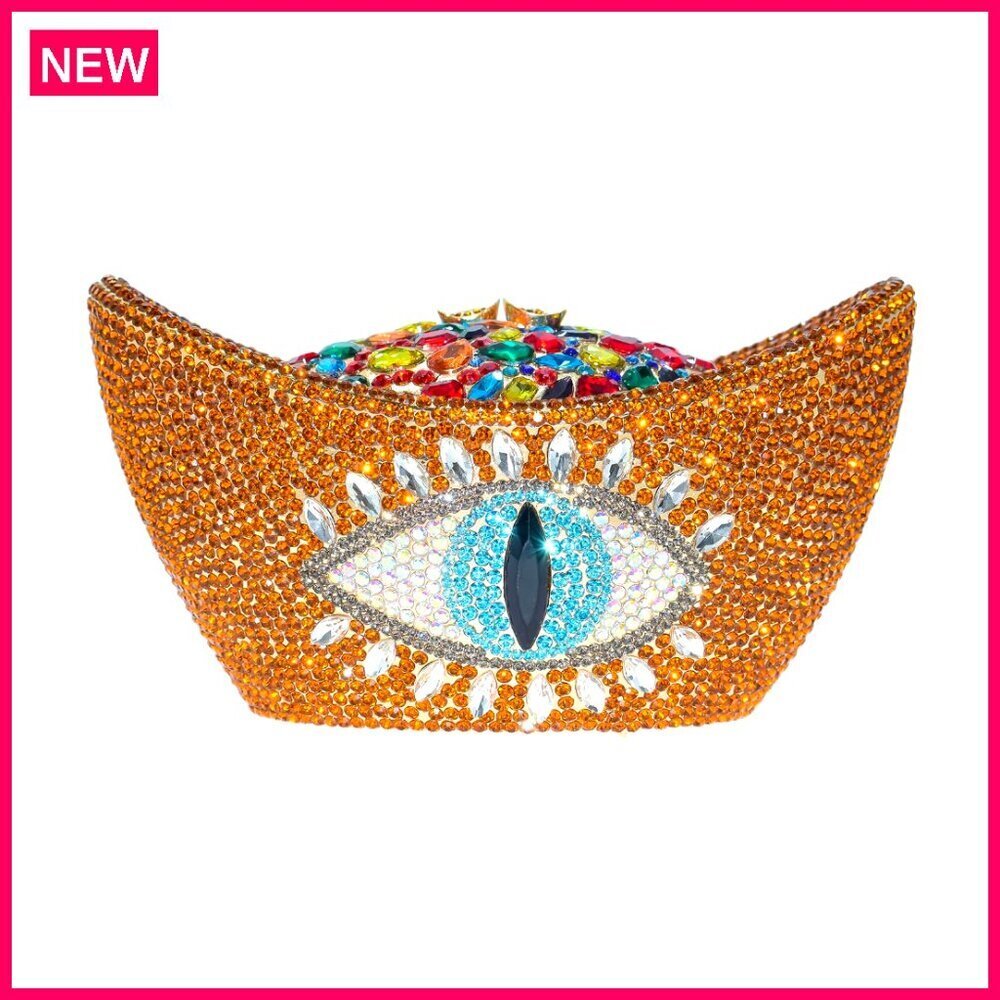 Gold Ingot Shaped Evening Clutch with Detachable Chains and Rhinestones